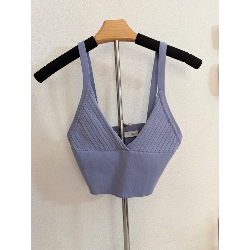 Zara Ribbed Knit Crop Top Periwinkle Blue V-Neck Sleeveless Bralette Small